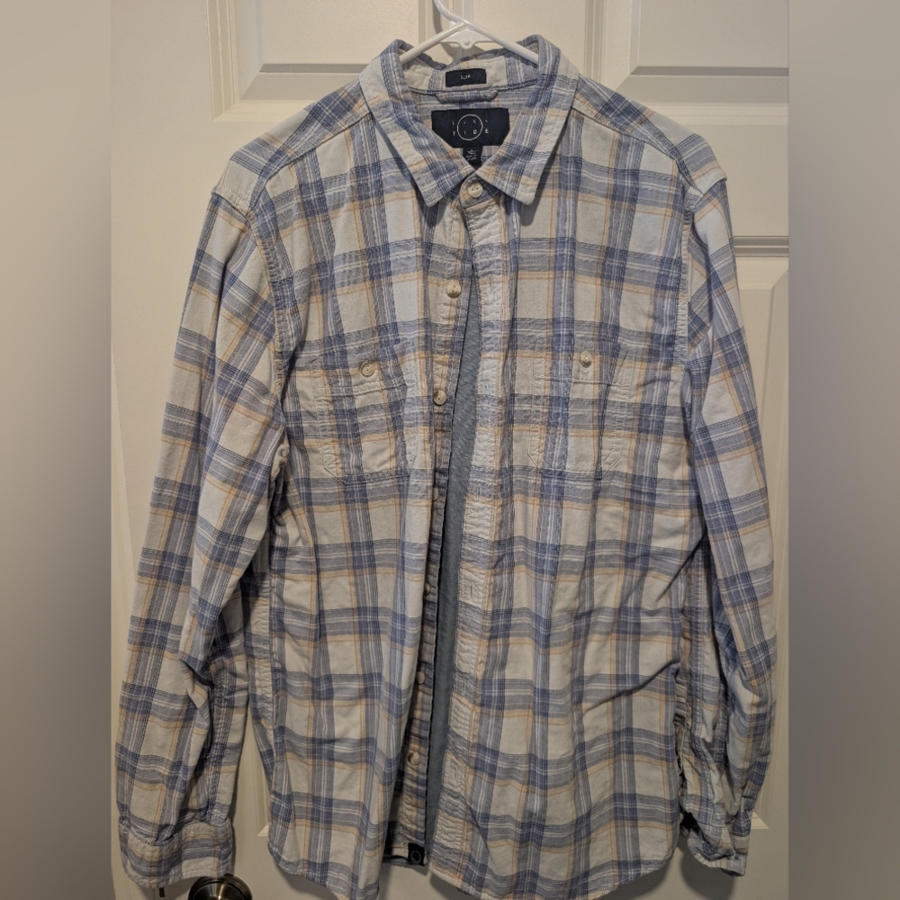 Lightweight Men’s Plaid Button-Down Shirt Jacket - Blue & Cream